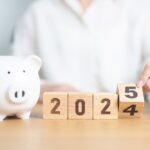 2024 end year to Happy New Year 2025 with piggy bank. Resolution, Goals, Plan, Action, Money Saving, Retirement fund, Pension, Investment and Financial concept