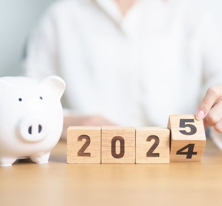 2024 end year to Happy New Year 2025 with piggy bank. Resolution, Goals, Plan, Action, Money Saving, Retirement fund, Pension, Investment and Financial concept